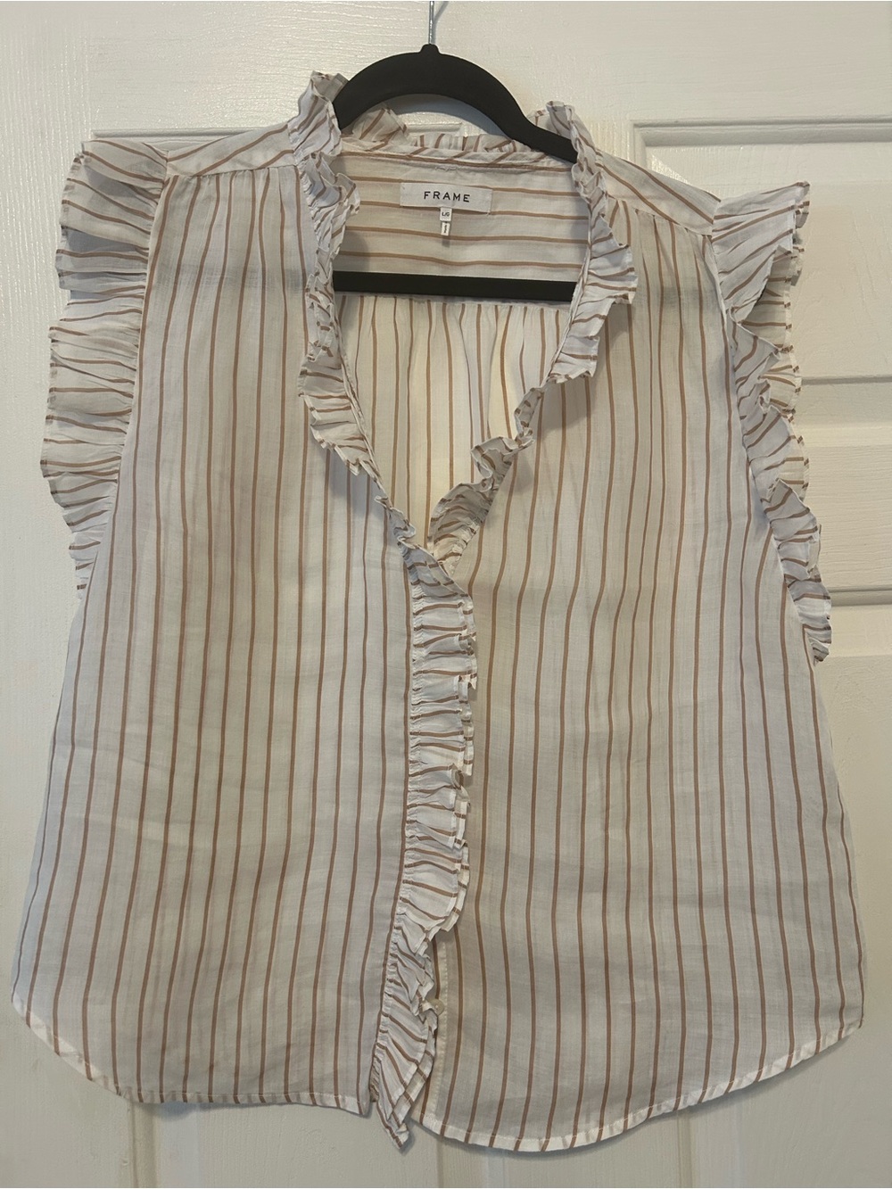Frame Denim Cream Blouse with Tan Stripes and Ruffle Trim